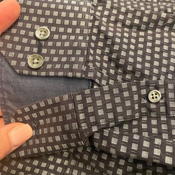 Bugatchi Shaped Fit Geometric Button Down Shirt Navy Gray‎ Modern Dress Shirt L - Picture 6 of 13
